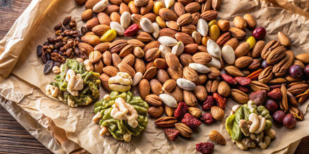 Mix of nuts and dried fruits on rustic wooden background, top viewの素材