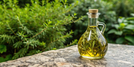 Olive oil in a glass bottle on a stone background with green plantsの素材