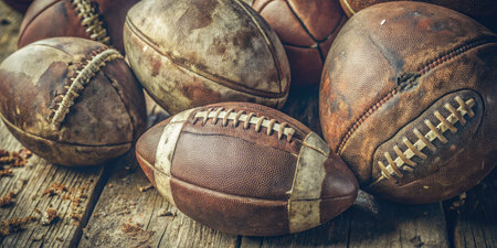 Old footballs and rugby balls on rustic wooden background with copy spaceの素材