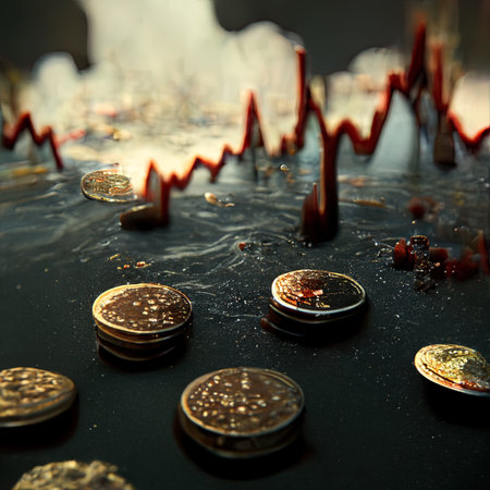 Financial economic crisis. Coins with economic graph chart falling, 3d renderの素材