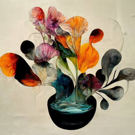 Arrangement of flowers, liquid splashes and organic shapesの素材