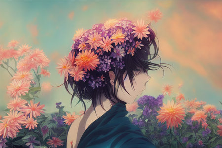 anime character girl with flowersの素材