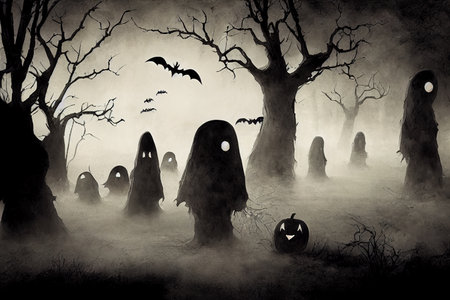 black and white illustration of halloween ghosts with pumpkins in dark forestの素材