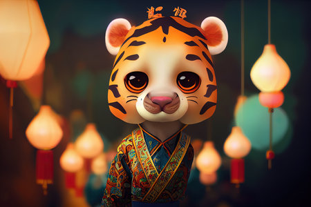 Cute cartoon image of a Tiger, wearing traditional Chinese costumesの素材