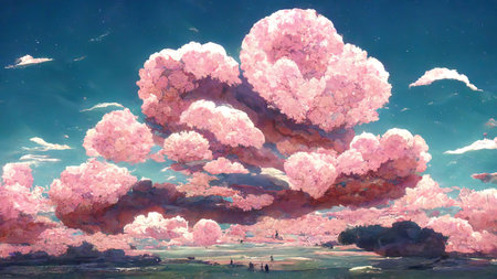 pink beautifull clouds in sky 2d anime styleの素材