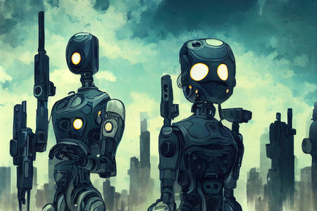 android male robots army with gun in handsの素材