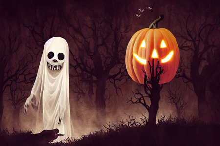 Halloween pumpkin with spooky ghostの素材