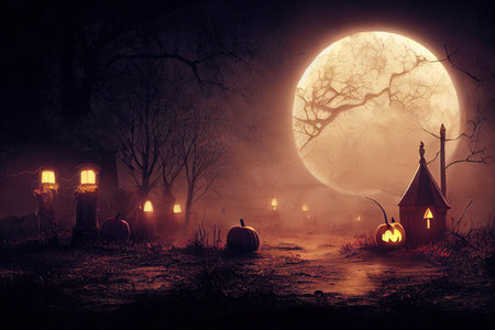 halloween night in graveyard with spooky pumpkinsの素材