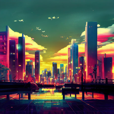 futuristic colorfull neon 2d buildingsの素材
