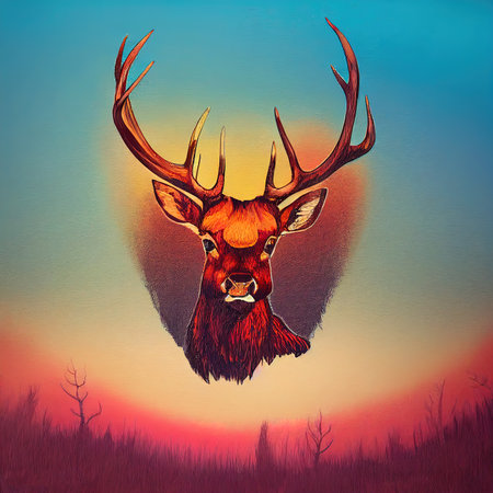 Colorful illustration portrait of beautiful red deer stag in forest at sunriseの素材
