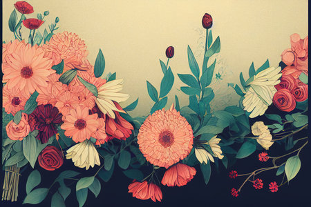 flower bouquet folk style black backgroundの素材