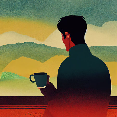 male character drinking a coffee on the hill illustrationの素材