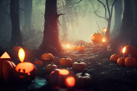 Scary Halloween pumpkins in fairy forestの素材