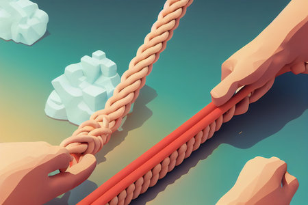 Tug of war, hands pulling rope to opposite sides, business tug of warの素材