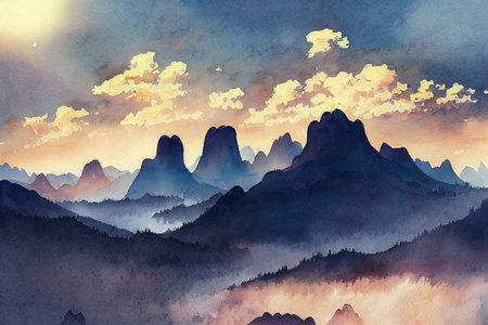 Morning light in the mountains watercolor landscapeの素材