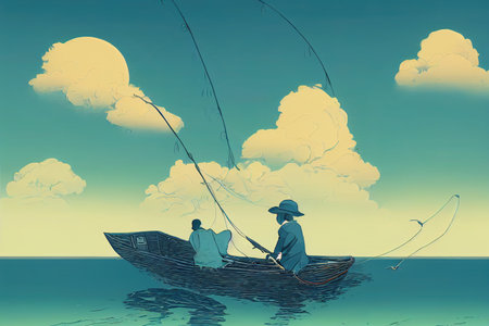 An old fisherman and his cat in a boat are fishing with a net in the seaの素材