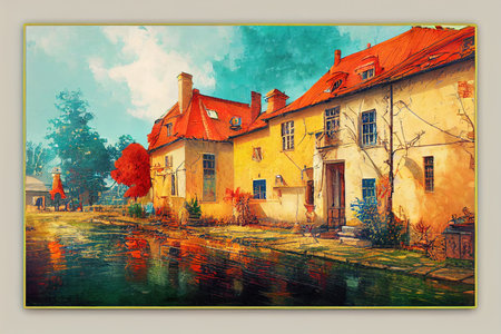Colorful painting modern artistic artwork, drawing in oil European famous streetの素材