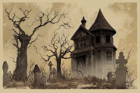 Abandoned mystical house in cemetery illustrationの素材