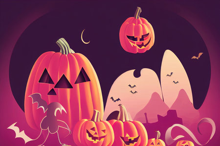 Cute Halloween Illustration with Pumpkin Surrounded by Ghosts and Batsの素材