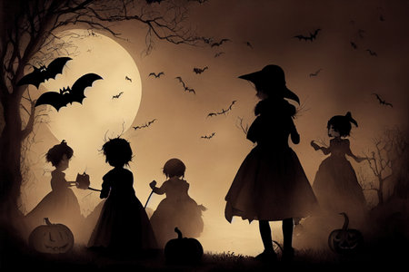 Composition of silhouette children in the halloween nightの素材