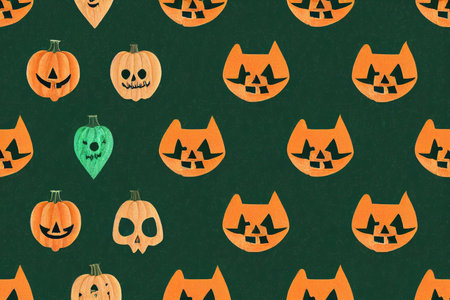 Cute seamless pattern of Halloween cat pumpkin skull heartの素材