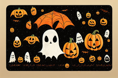 Cute Hand Drawn Halloween Cards and Pattern, Little White Ghost on a Blackの素材