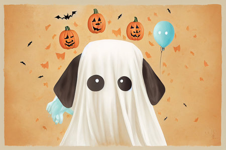 dog in a ghost costume holding a happy halloween sign 2d styleの素材