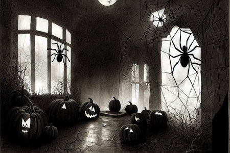 Dark interior of the house decorated for Halloween pumpkins, webs and spidersの素材