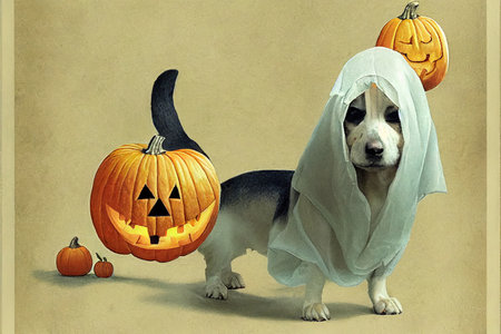 dog in a ghost costume holding a pumpkin in mouth paintingの素材