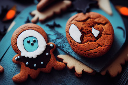 Fresh halloween gingerbread cookies on blue tableの素材