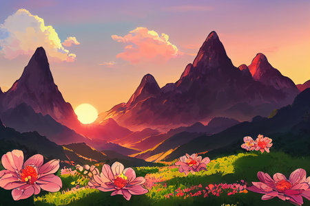 Mountains during flowers blossom and sunrise, Flowers on the mountain hillsの素材