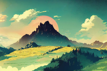Panoramic mountain landscape in spring with sunlightの素材