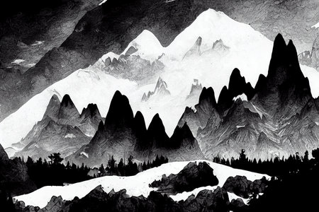 Mountains in black and white with forrestの素材