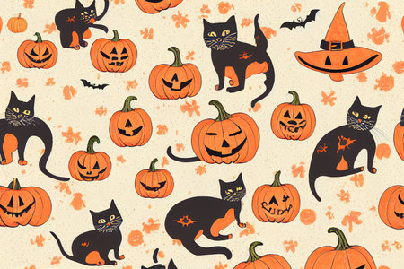 Fun hand drawn Halloween pattern with catsの素材