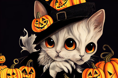 Funny Halloween Witch Themed Kitten ,toon styleの素材
