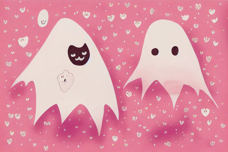 Funny Hand Drawn Illustration with Cute White Ghost Isolated on a Pinkの素材