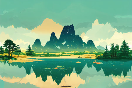 Hand Drawn Mountain Lake Forest Landscape 2dの素材