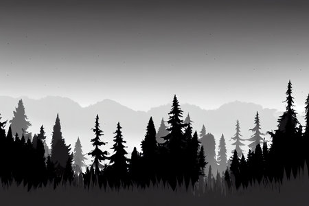 forest silhouette background.View to realistic coniferous trees. monochromeの素材