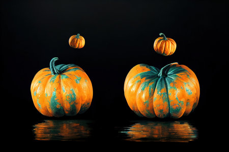 Glowing pumpkins levitate on a black backgroundの素材