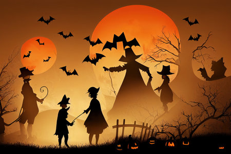 Halloween background with silhouettes of children trick or treatingの素材