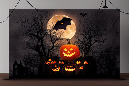 Halloween background design with 3d Podium round, square boxの素材