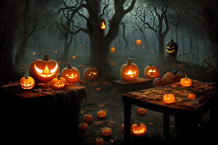 Halloween with Pumpkins and Dark Forest. Scary Halloween Designの素材