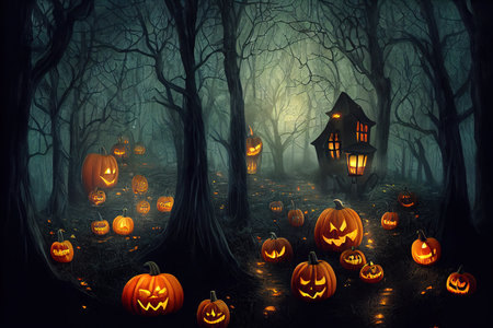 Halloween Background with Table and Lanterns in Dark Forestの素材