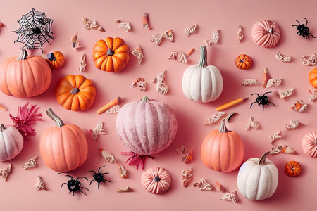 Halloween decorations on pastel pink background. Halloween concept. Flatの素材