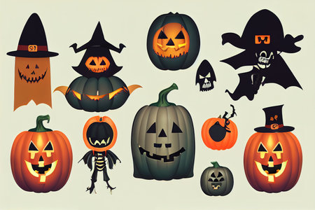 Halloween childish bundle with jack o lantern, coffin, witch,の素材