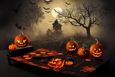 Halloween - Lanterns And Pumpkins On Wooden Tableの素材