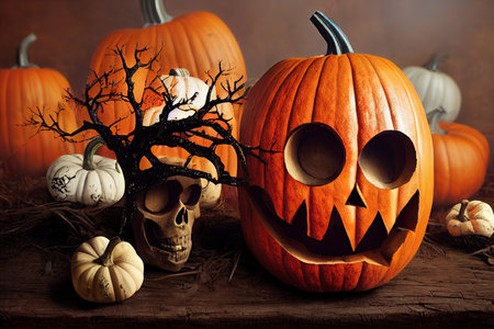 Halloween background. Scary pumpkin and spooky skull on woodenの素材