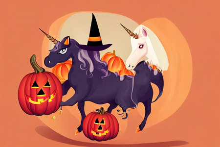 Halloween card with unicorn wearing witch hat and pumpkin.の素材