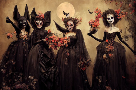 Group of three diverse charming coquettes in dark masqueradeの素材