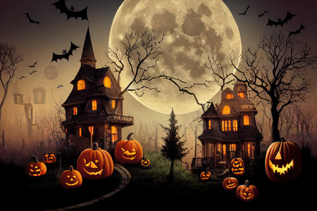 Halloween background with haunted house, full moon, pumpkinsの素材
